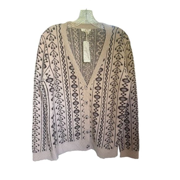 NWT Mystree Cream& Black V neck Button Down Sweater Size Large Boho Tribal - Picture 1 of 10